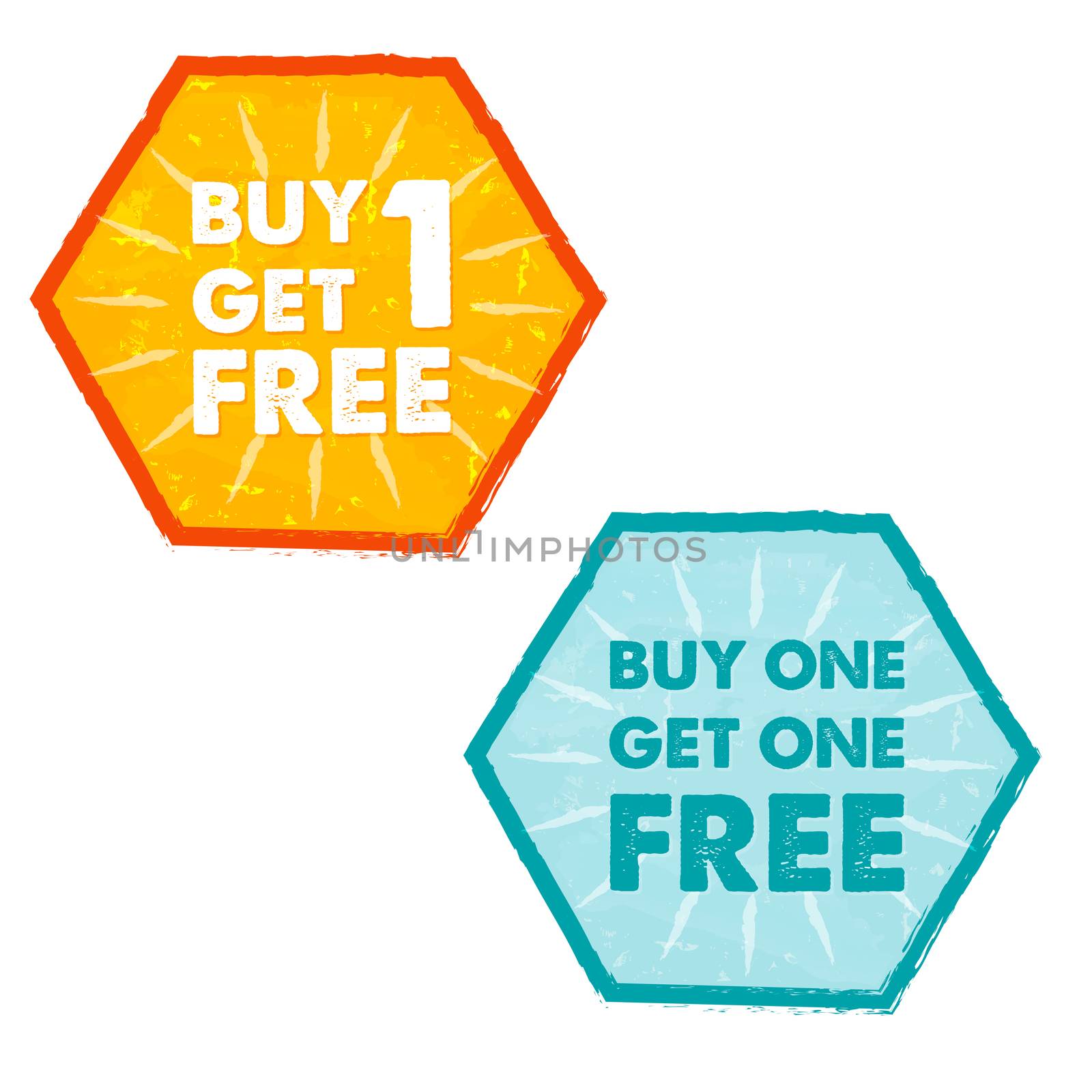 buy one get one free - text in orange and blue grunge flat design hexagons labels, business shopping concept