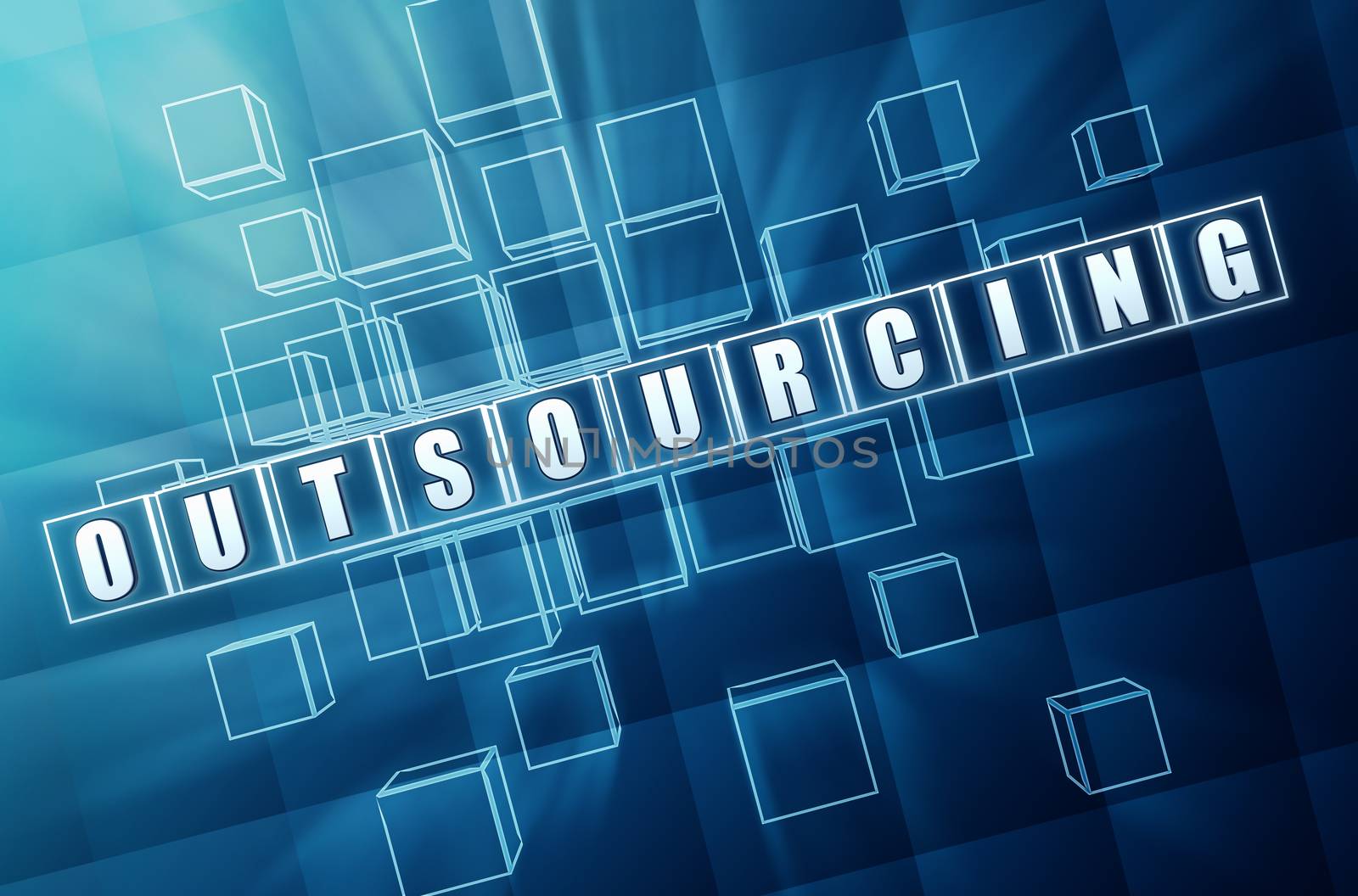 outsourcing in blue glass cubes 3D illustration by marinini