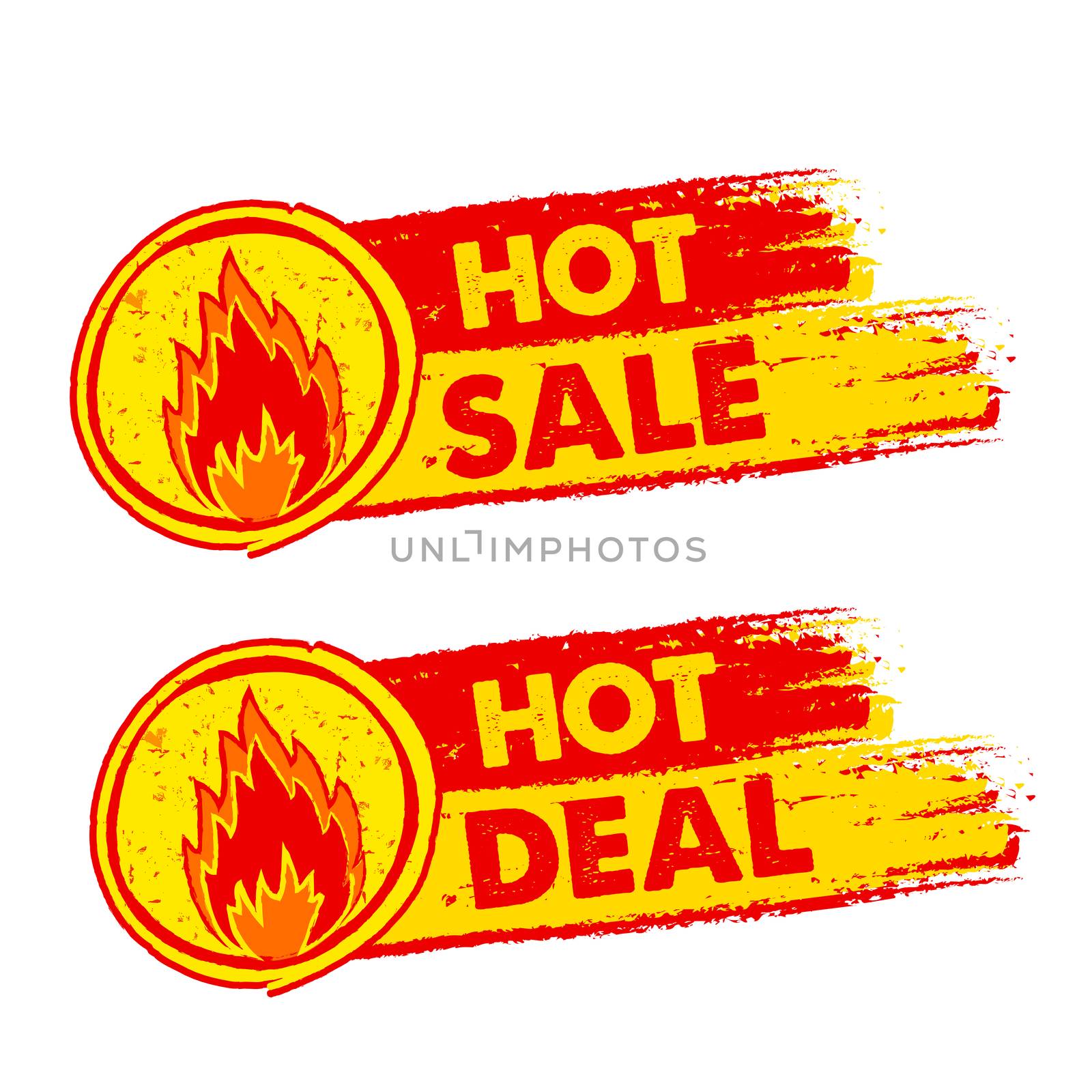 hot sale and deal on fire banners - text in yellow and red drawn labels with flames signs, business shopping concept