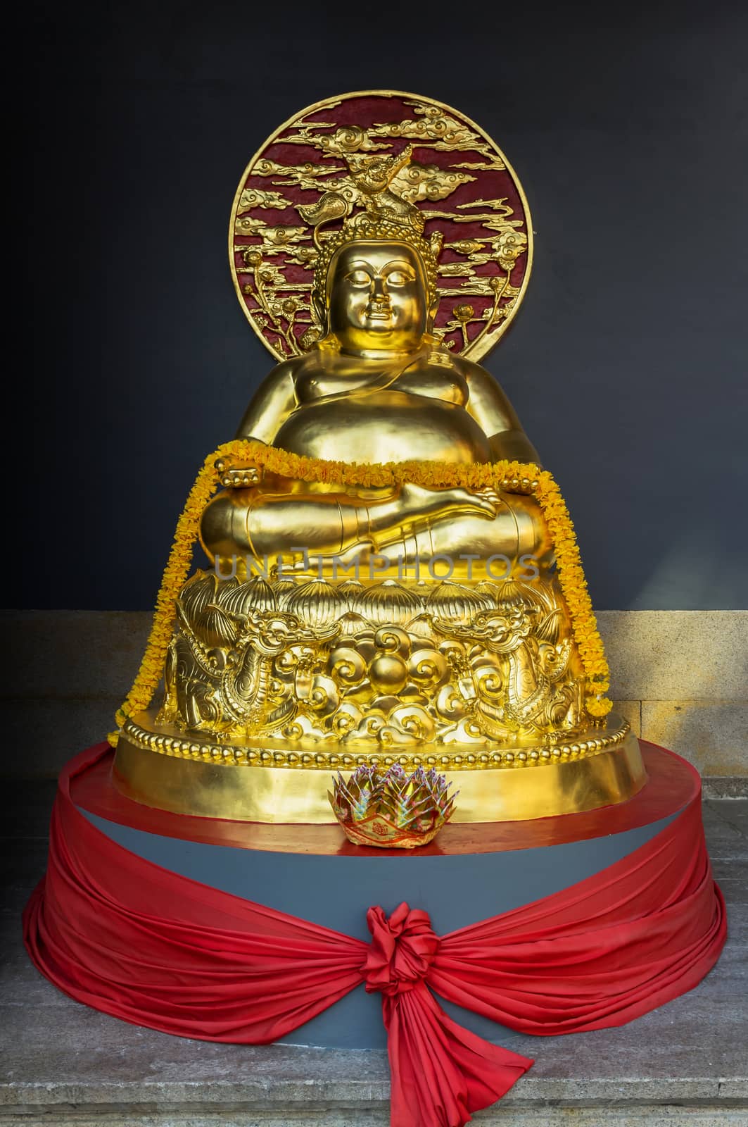 Golden buddha at at canton chinese Shrine temple in bangkok, thailand