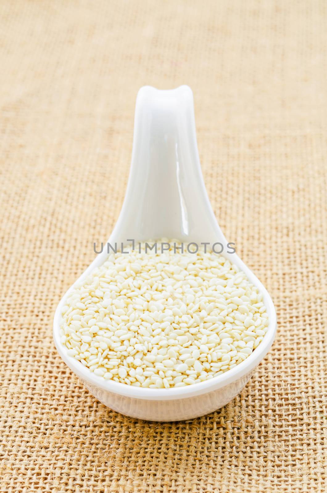 White sesame seeds in white spoon. by Gamjai