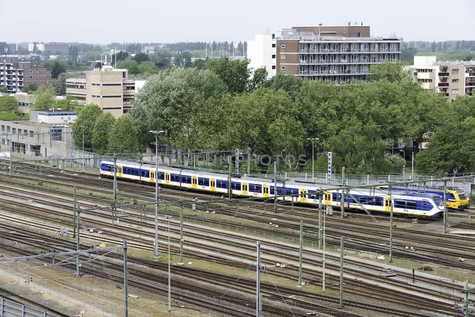 blue and yellow train leaving central station Rotterdam in the netherlands