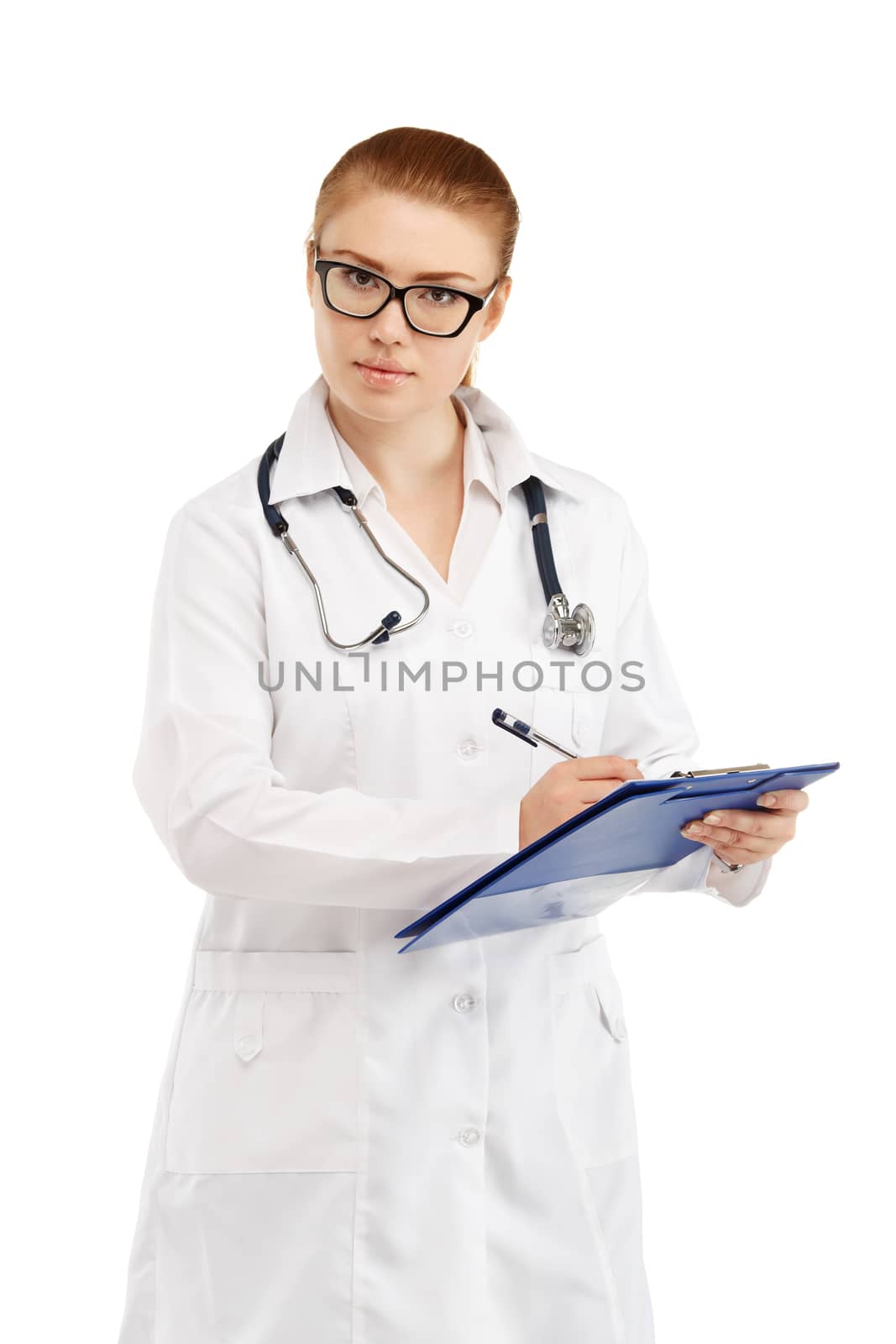 Young pretty female doctor in white uniform isolated on white background
