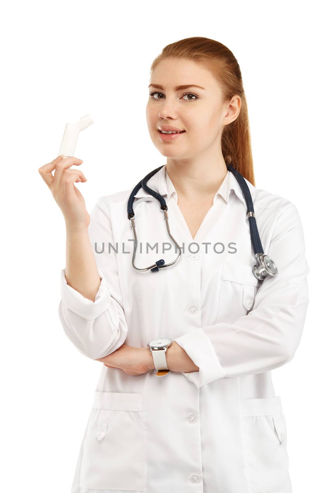 Young beautiful female doctor in white uniform with inhaler isolated on white background