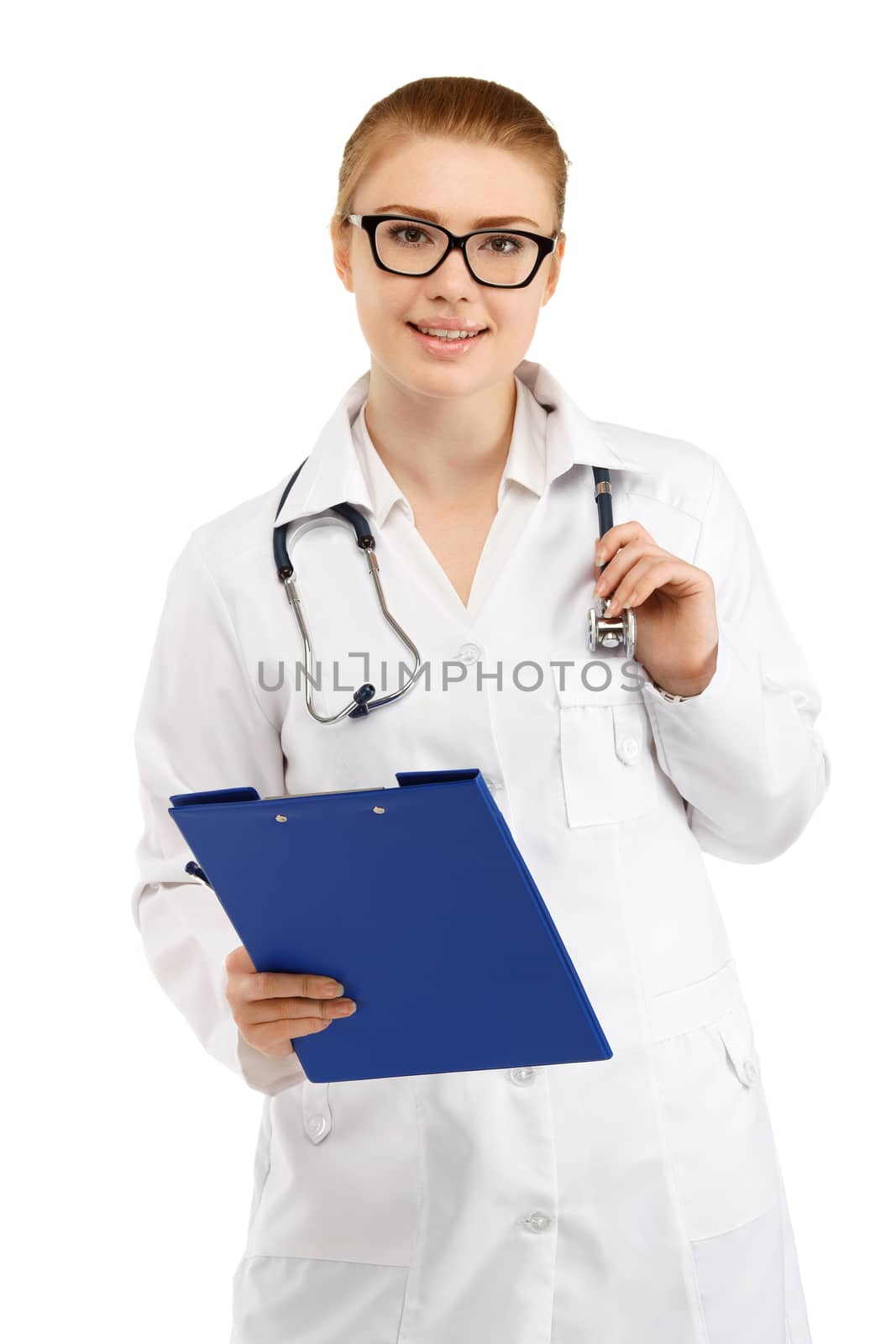 Young pretty female doctor in white uniform isolated on white background