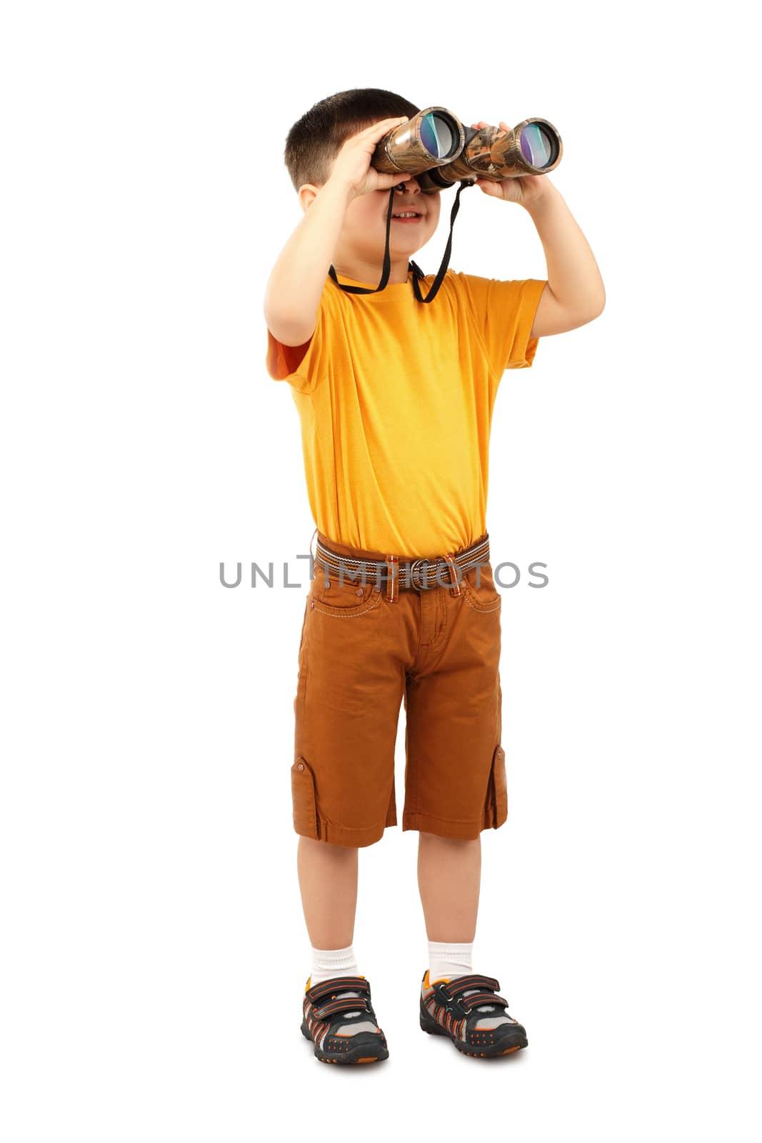 Little boy looking through binoculars isolated on white background