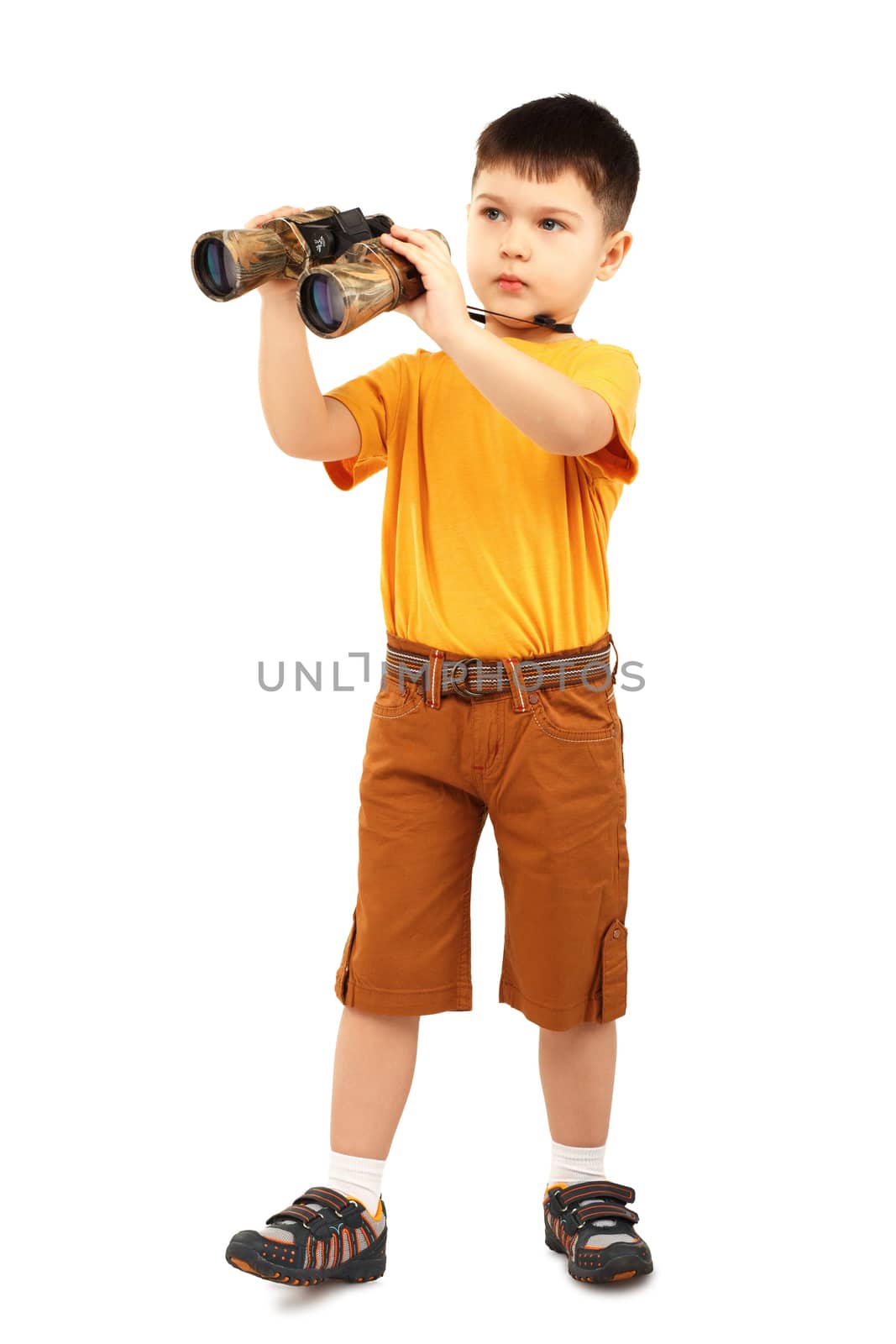 Little boy looking through binoculars isolated on white background