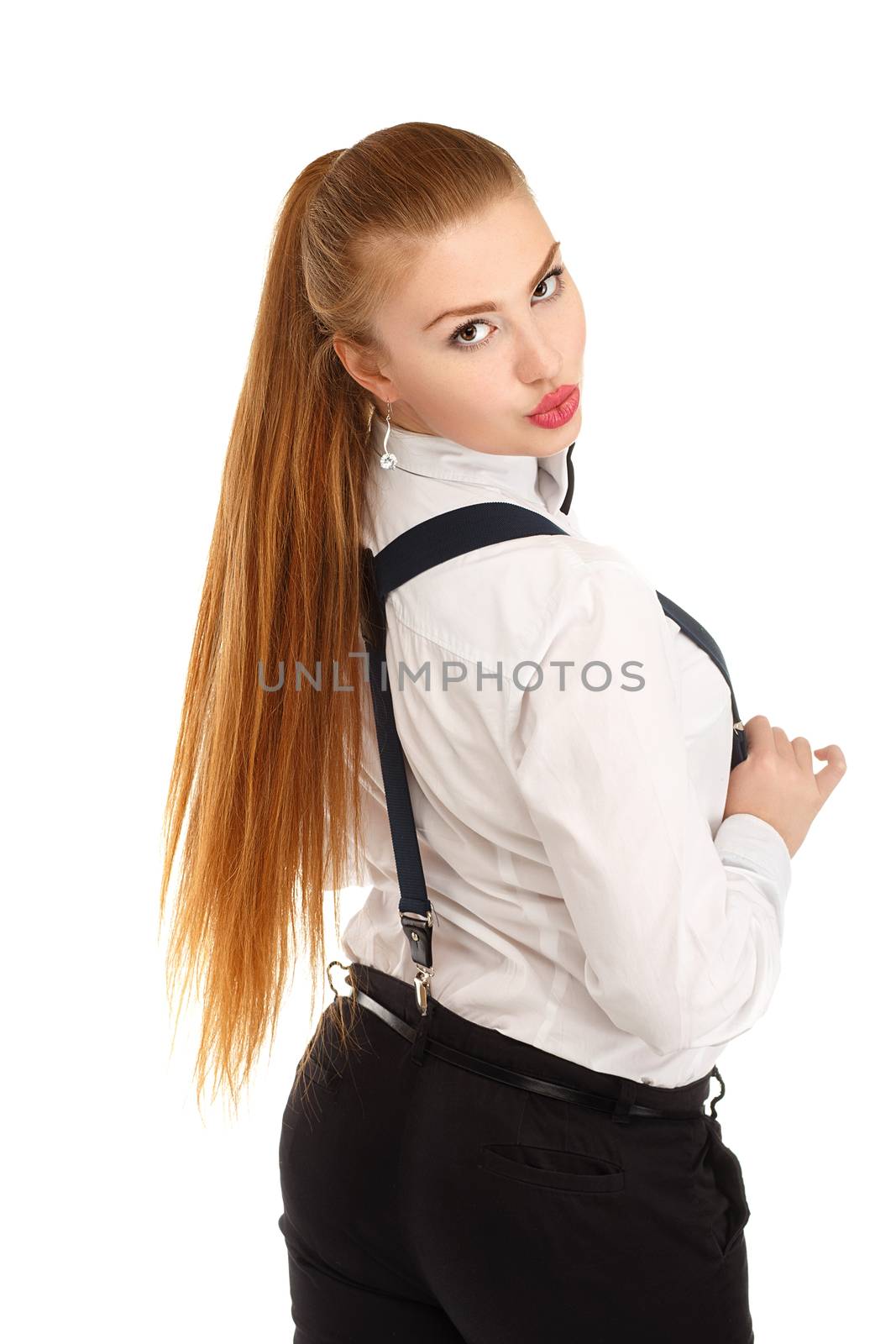 Portrait of beautiful young woman in strict clothing with bow tie isolated on white background