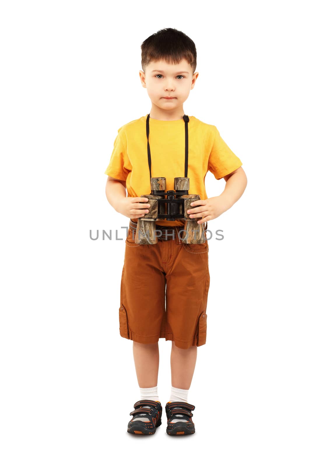 Little boy holding a pair of binoculars isolated on white background