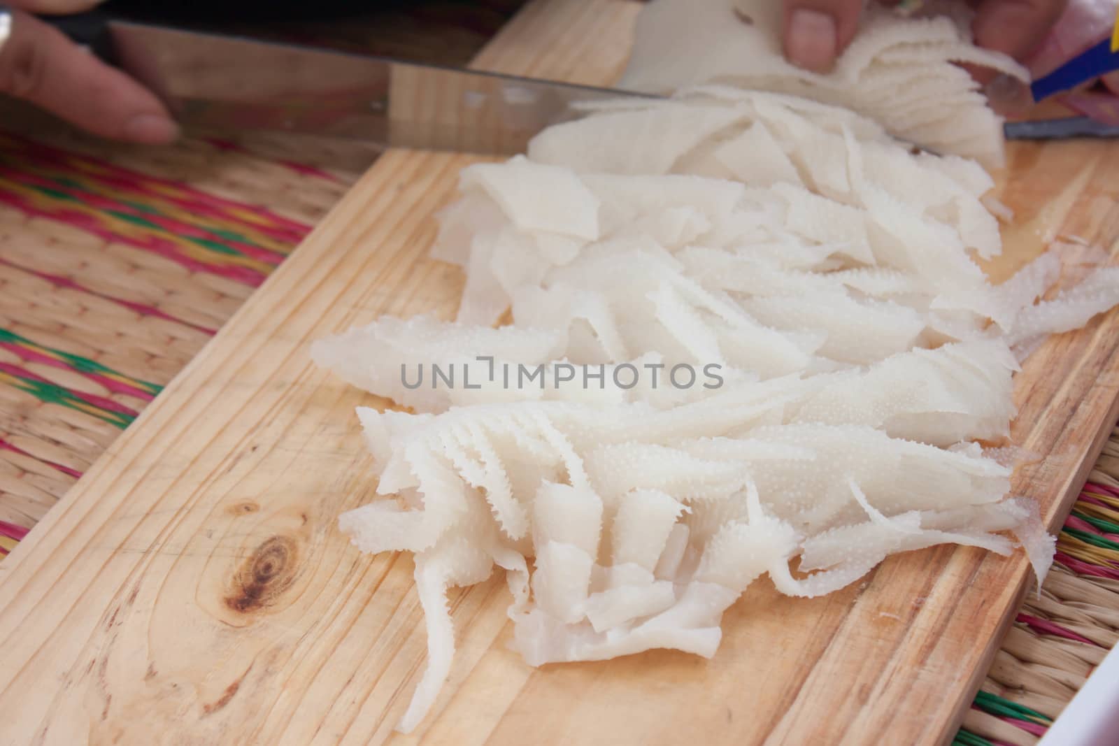 sliced ​​on the cutting board for raw tripe cooking.