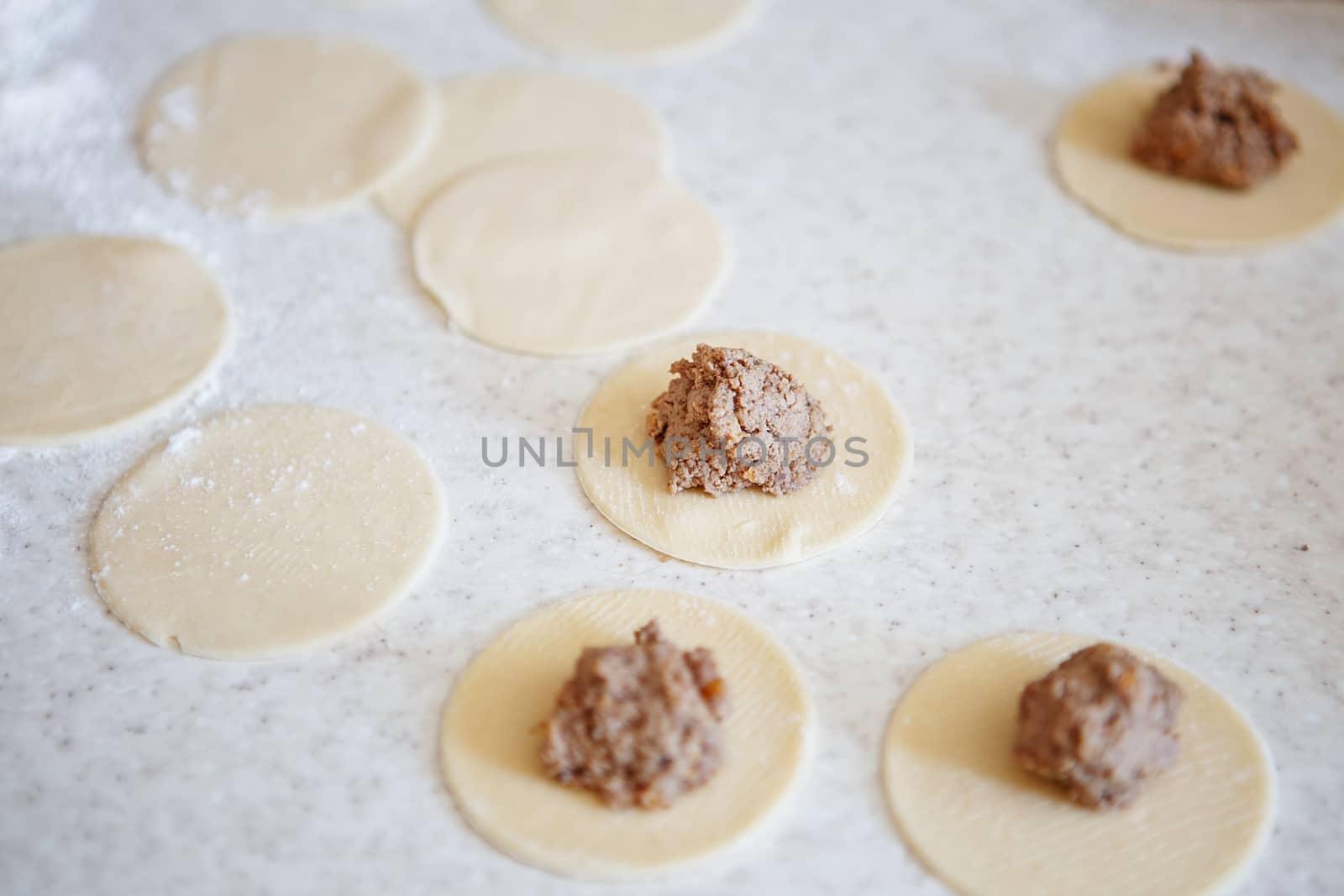 Preparation of meat dumplings, ravioli, dumplings with liver