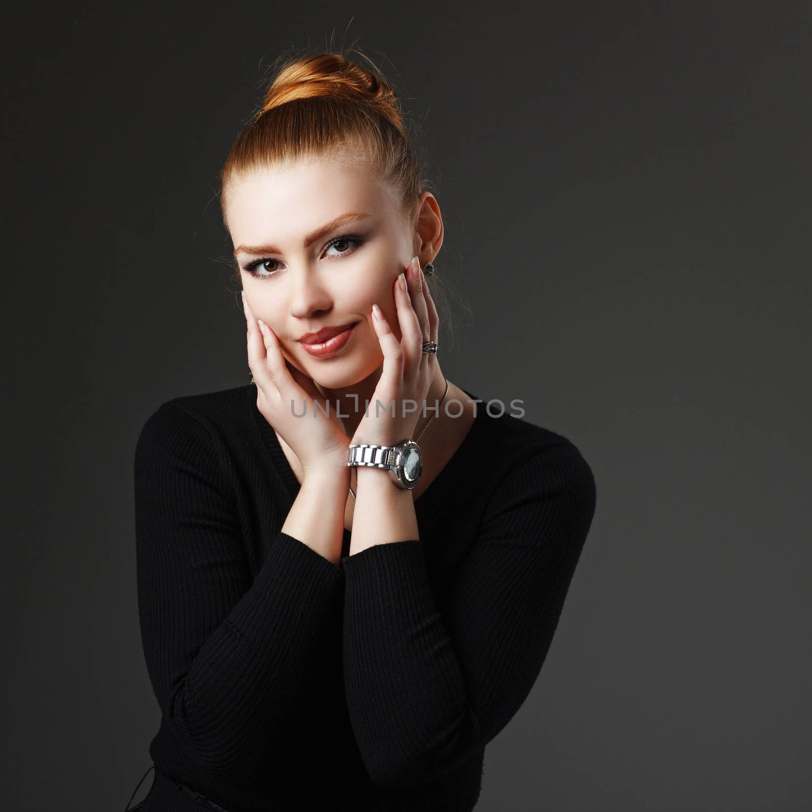 Portrait of a adorable sexy red-haired girl with plump lips. Natural Lip Plumper. Beautiful matte skin