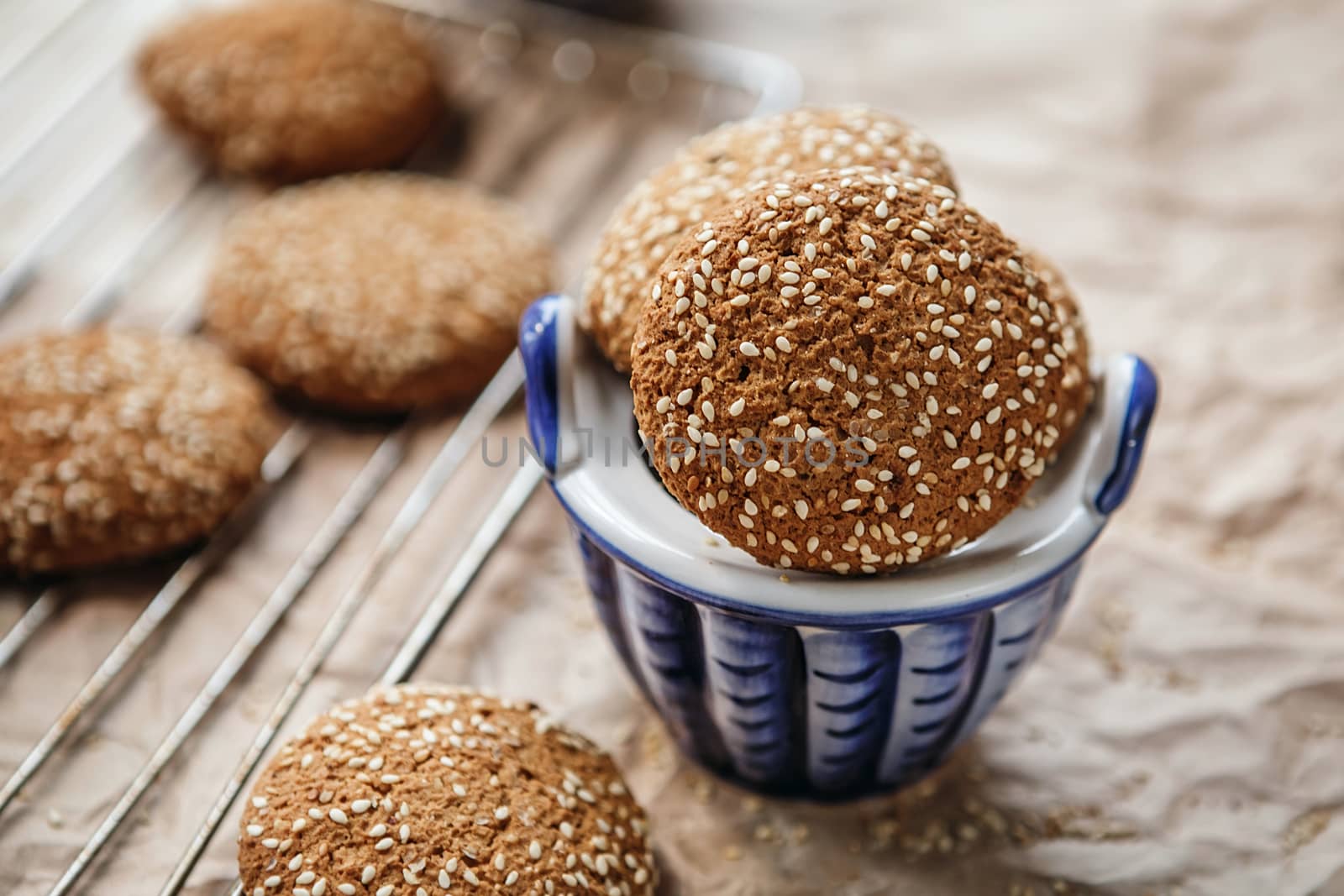 Oatmeal cookies with sesame seeds. Oatmeal chip cookies shot closeup.