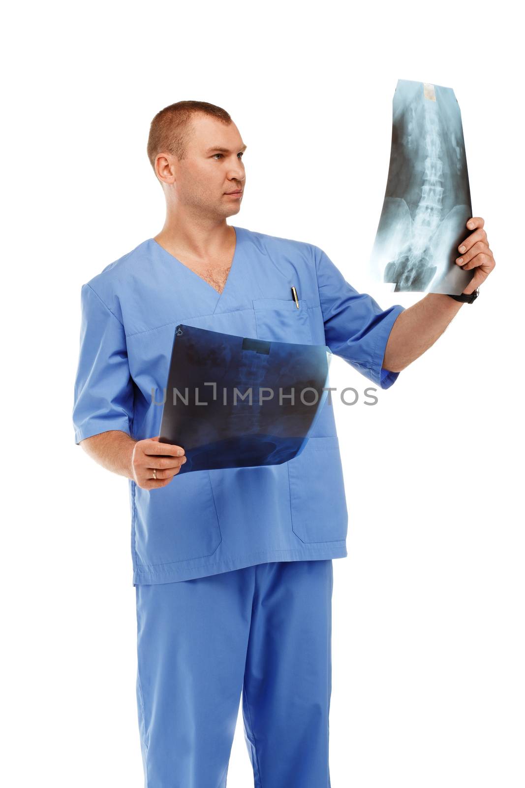 Portrait of a young male doctor in a medical surgical blue unifo by natazhekova