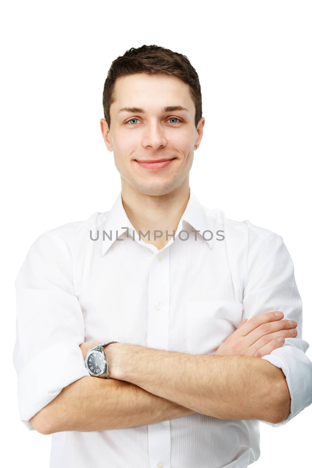 portrait of handsome smiling man against white background