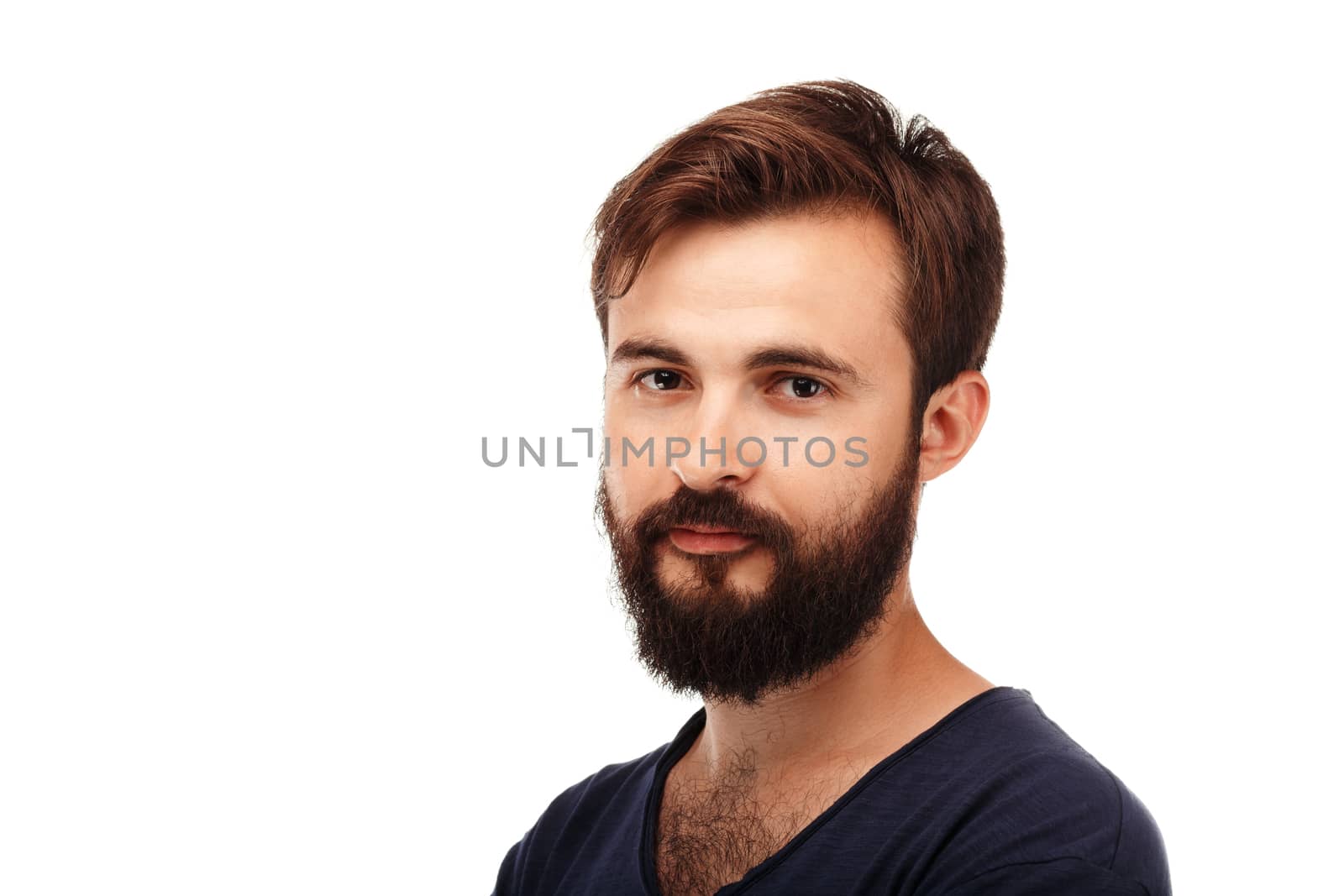 Close-up Portrait of a young bearded man isolated on white background