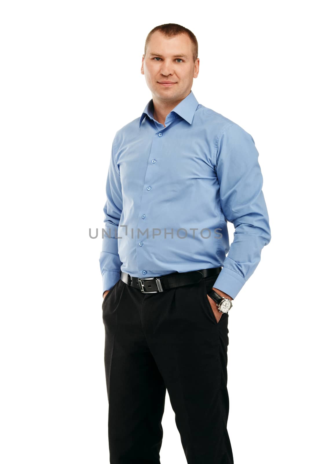 Portrait of a young handsome smiling man in a representative strict clothing isolated on white background