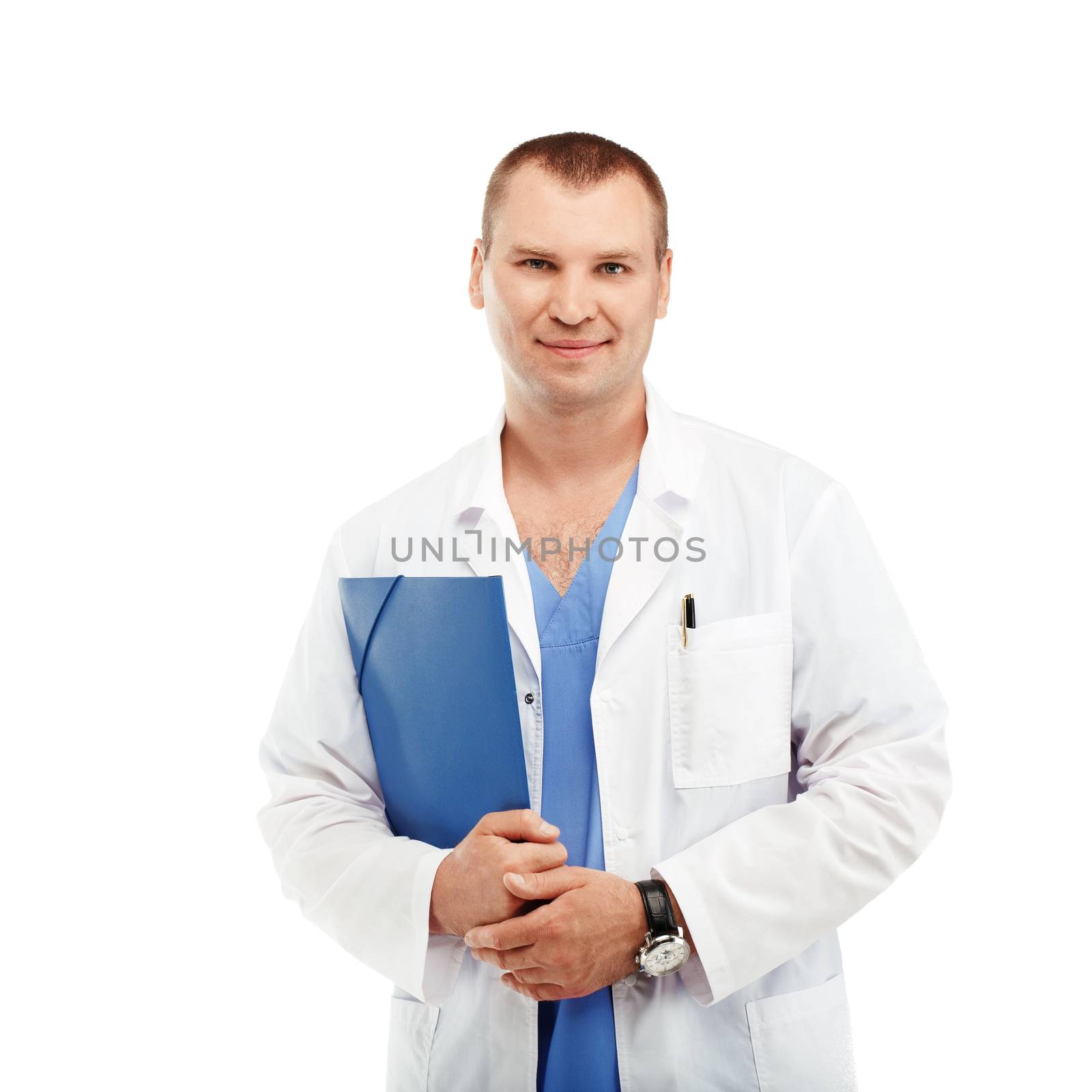 Portrait of a young male doctor in a white coat and blue scrubs by natazhekova