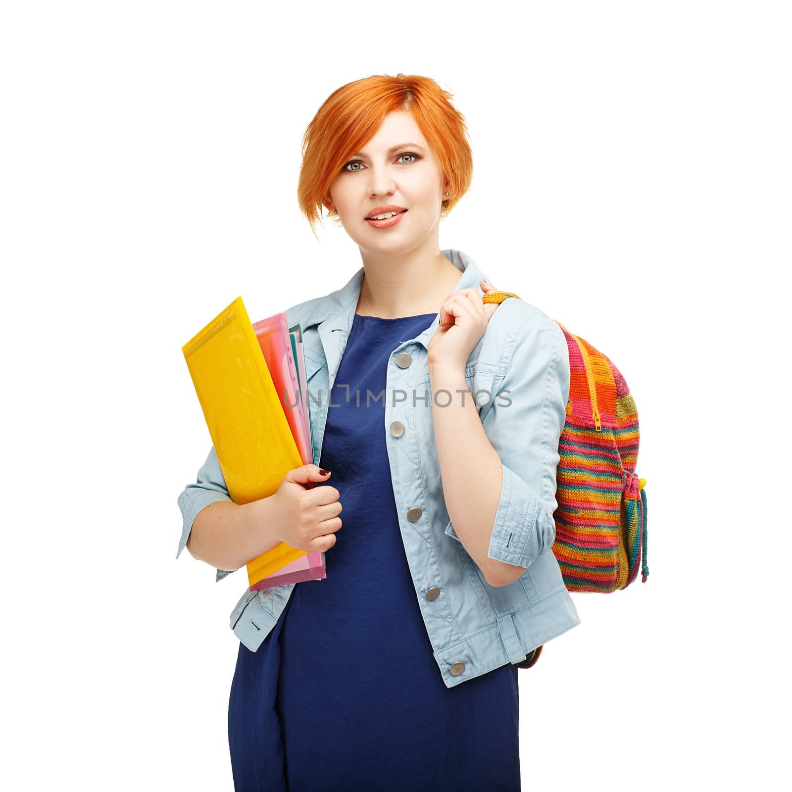 Portrait of diligent girl student with folders and backpack university or college with colored backpack Isolated on white background