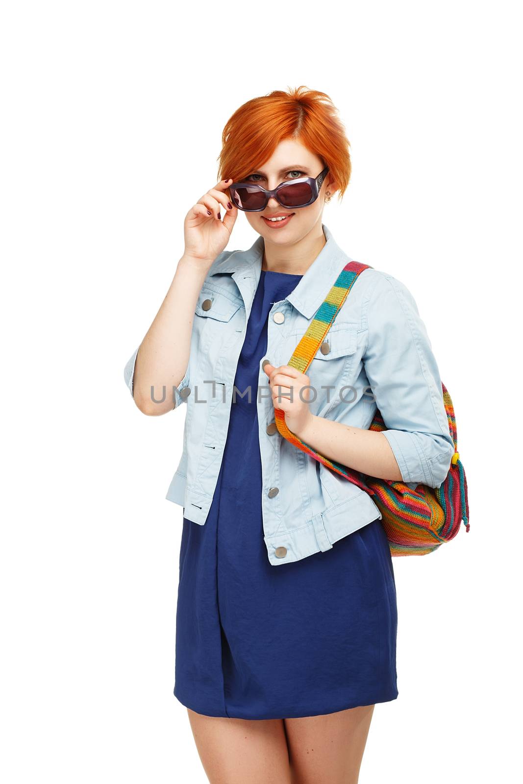 Portrait of diligent girl student university or college with colored backpack Isolated on white background