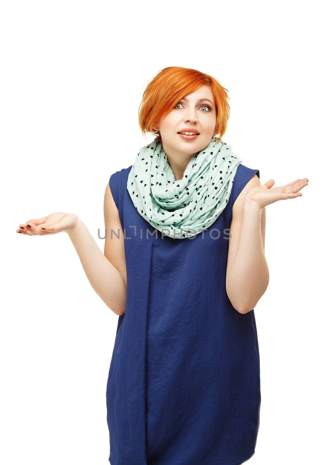 Close-up portrait of a funny red-haired girl emotionally gesticulating and waving his hands isolated on white background