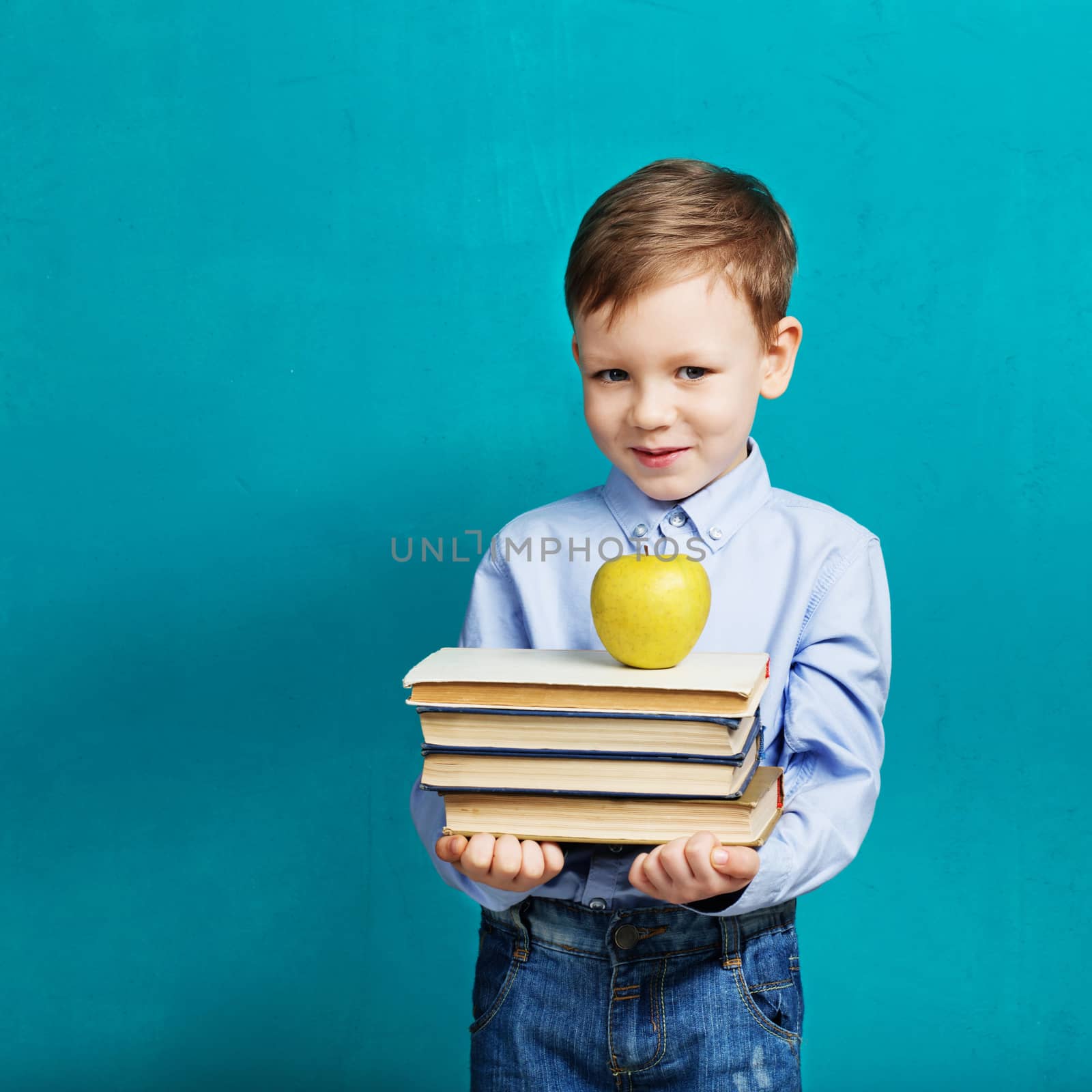 Book, school, kid. little student holding books. Cheerful smilin by natazhekova