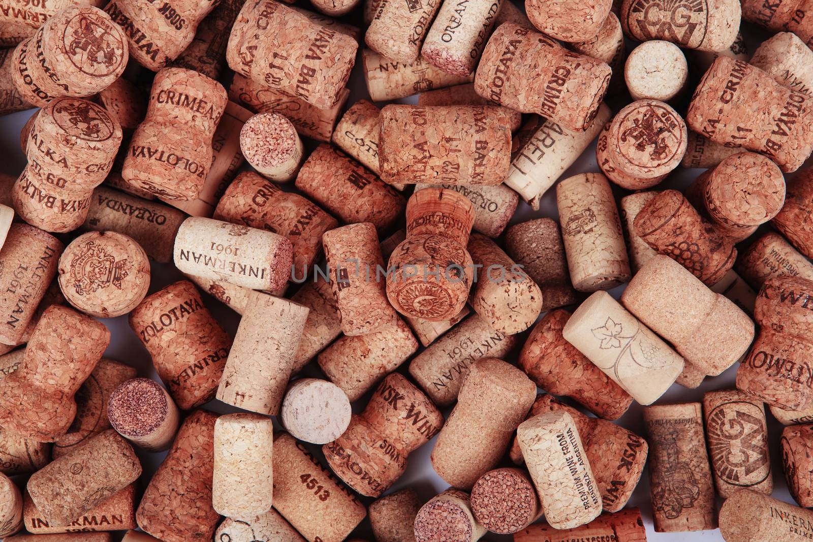 Closeup pattern background of many different wine corks. Close-up of group of wine corks