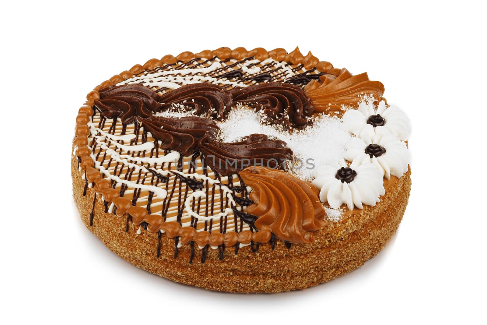 Condensed milk and Chocolate cake decorated with cream flowers isolated on white background