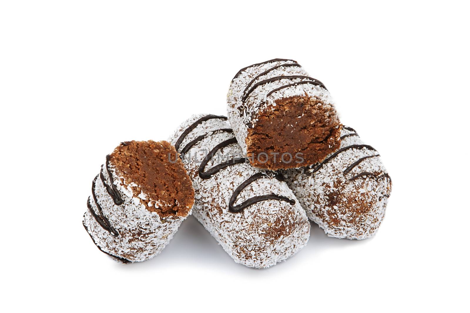 chocolate cake with coconut isolated on white background