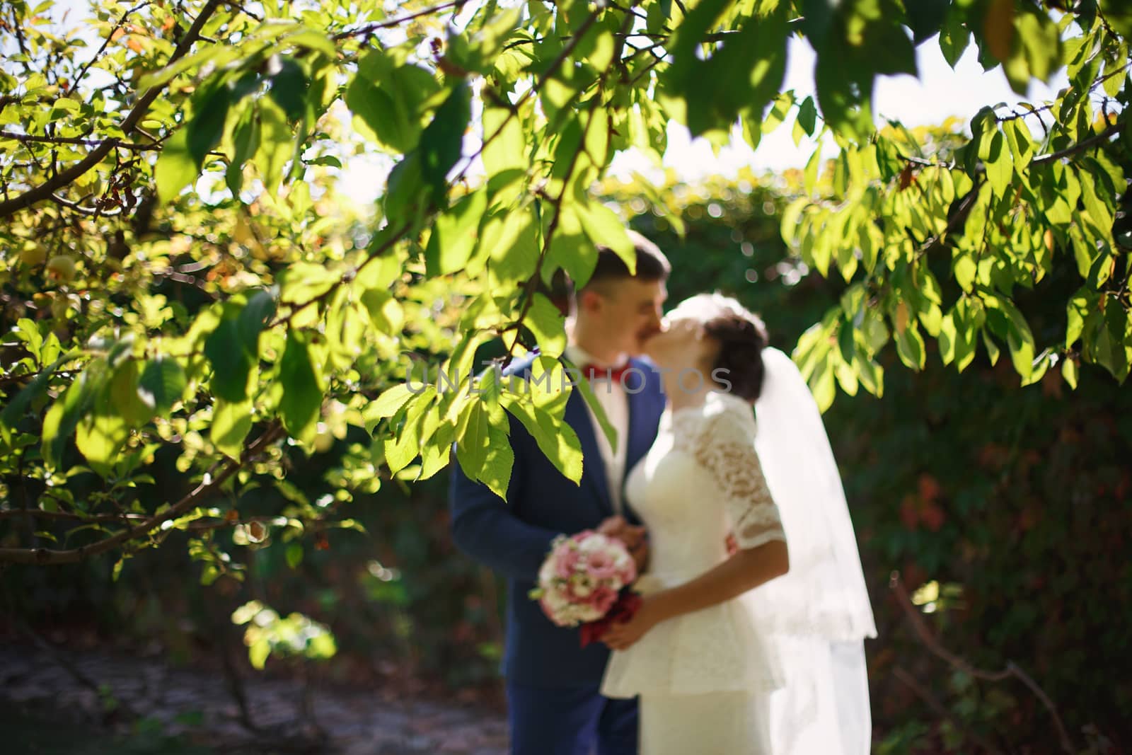 the bride and groom kiss in the garden, blurred by natazhekova