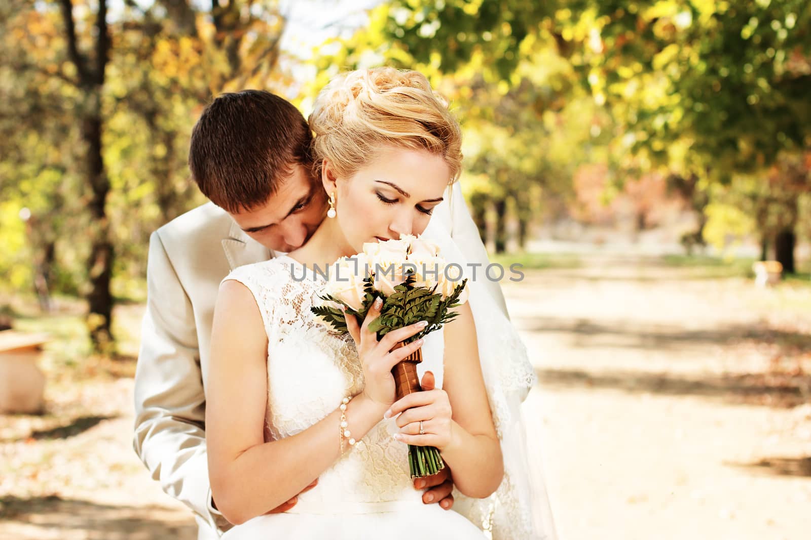 Beautiful young bride and groom in love.