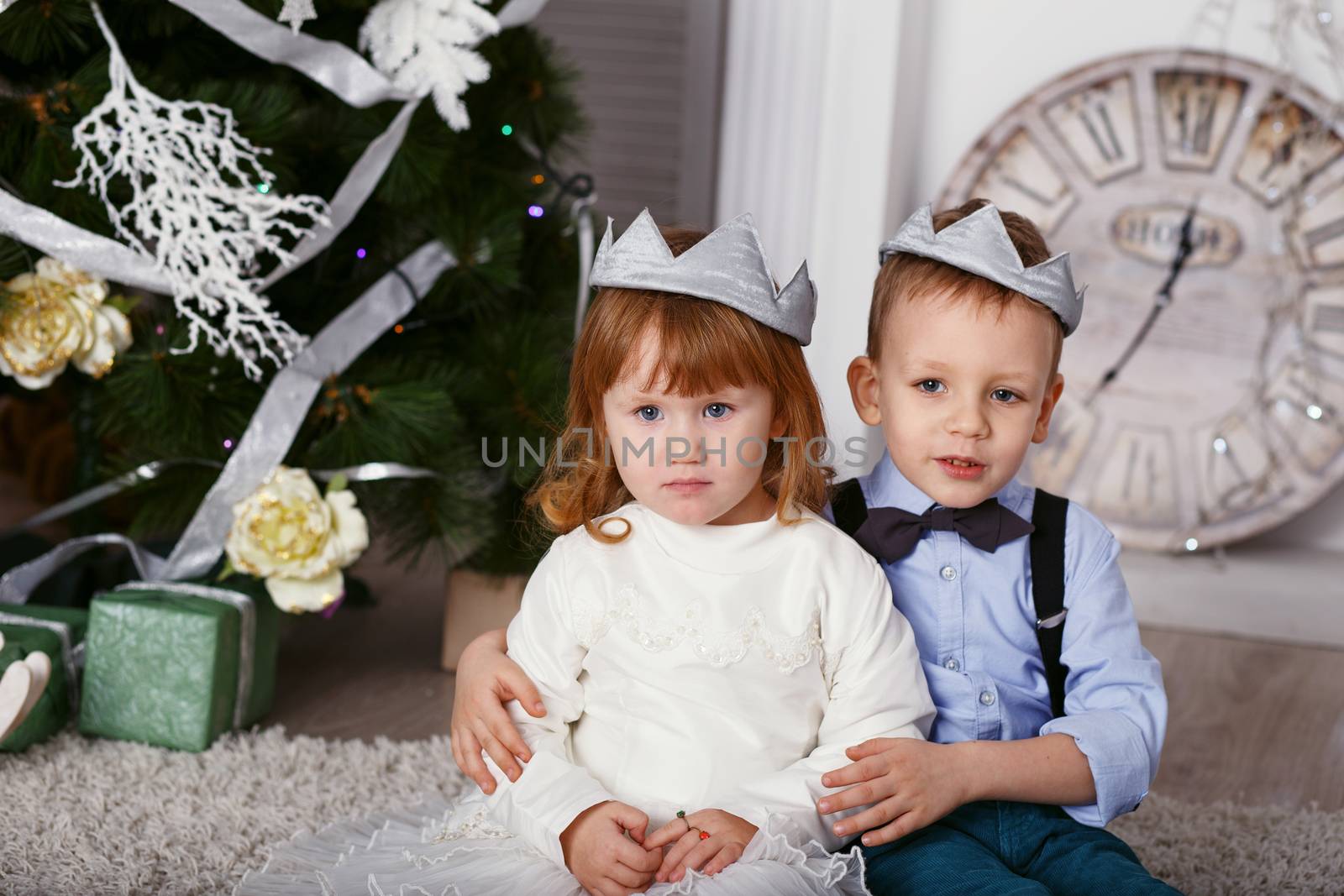 Two elegant little kids in crown. New year preparation. Happy children and family.