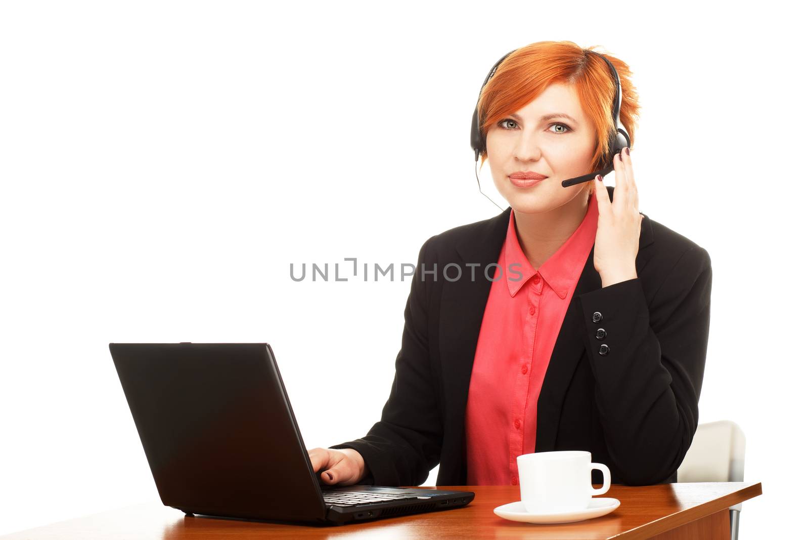 Portrait of office worker at a desk with a computer isolated on white background