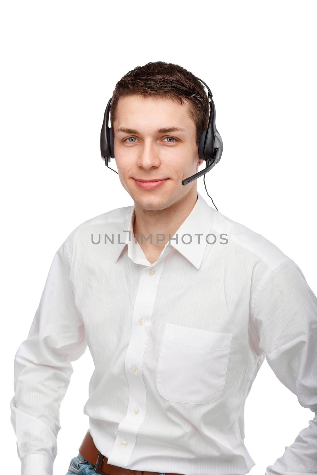 Closeup portrait of male customer service representative or call centre worker or operator or support staff speaking with head set, isolated on white background