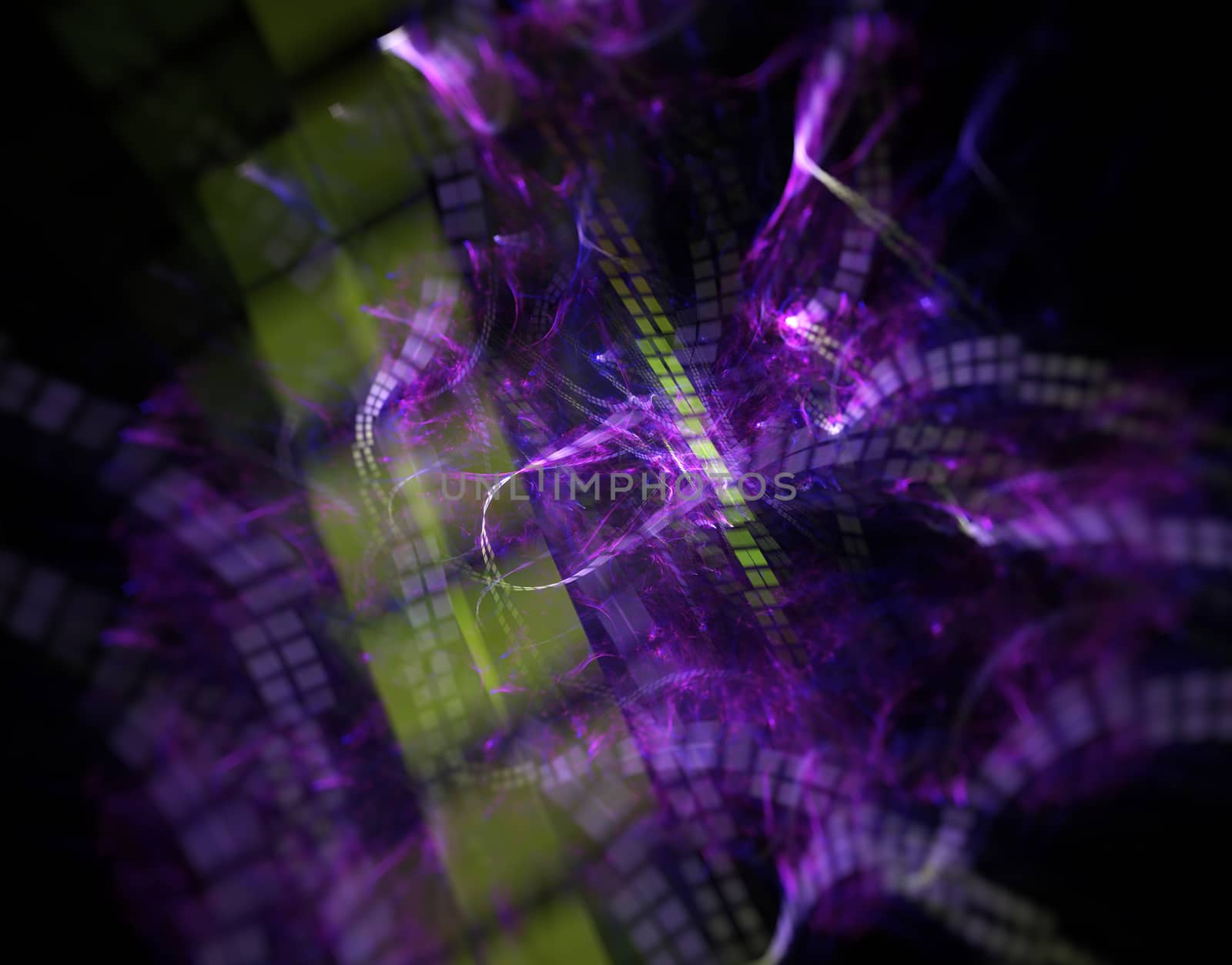 glowing green violet curved square lines over dark Abstract Background. Illustration. by skrotov