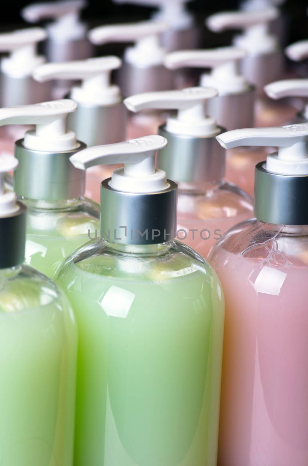 Composition with plastic bottles of body care and beauty products