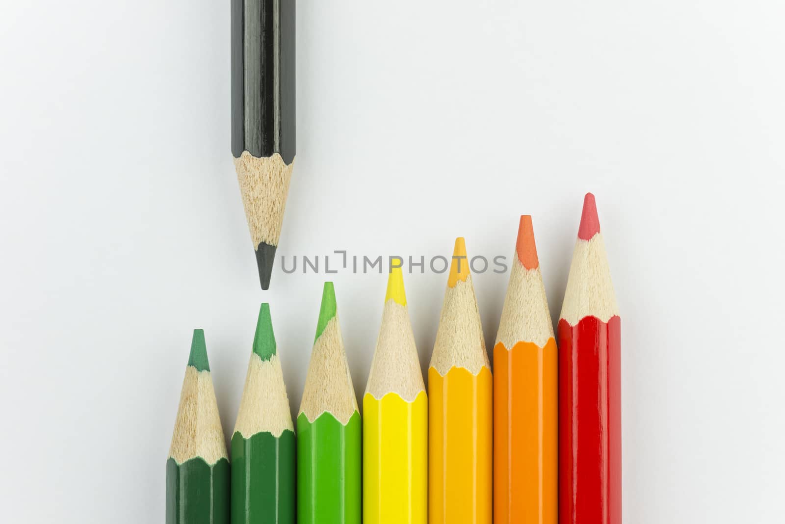 Conceptual crayons represented as successor energy label colors with black pencil that indicates the energy label
