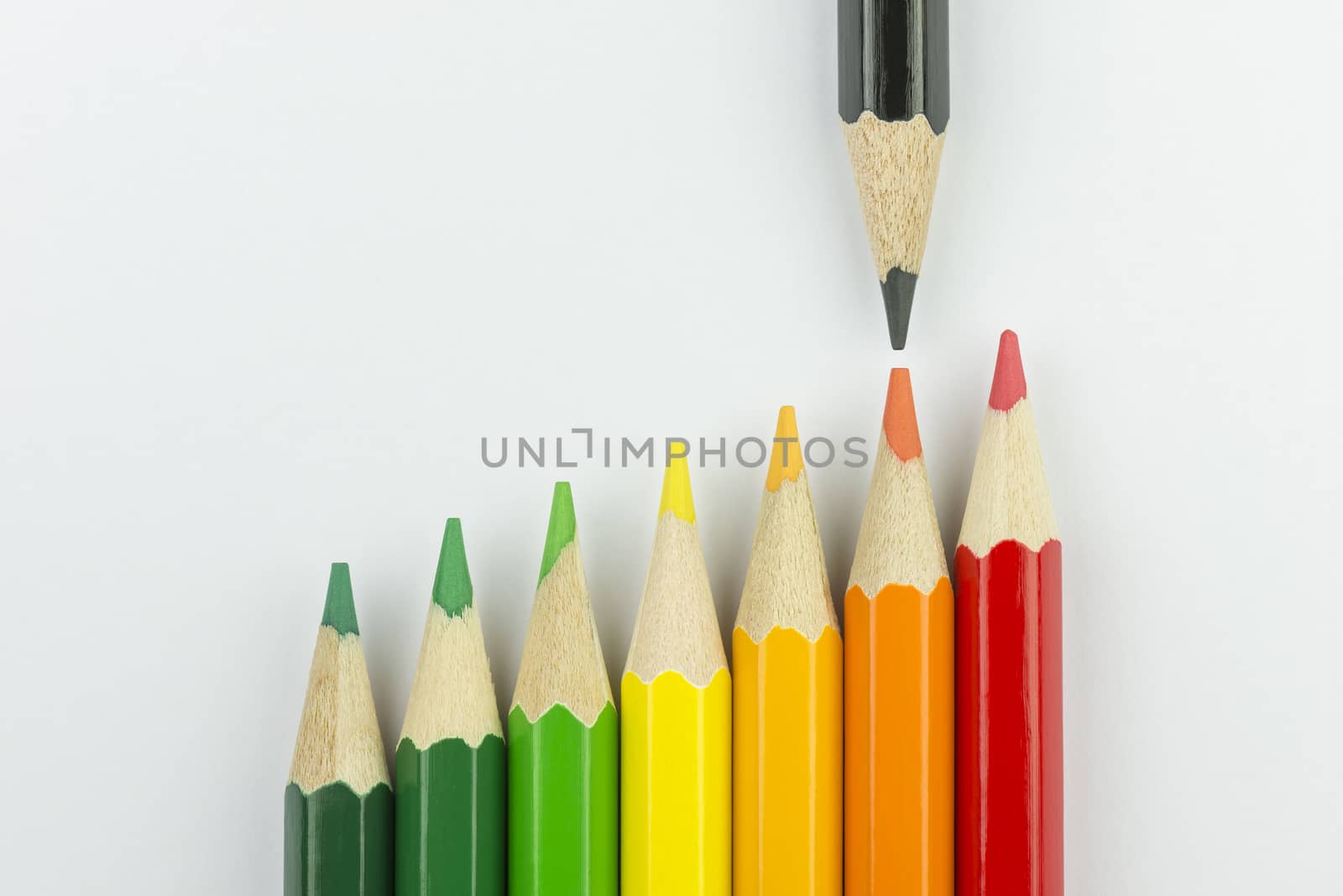 Conceptual crayons represented as successor energy label colors with black pencil that indicates the energy label
