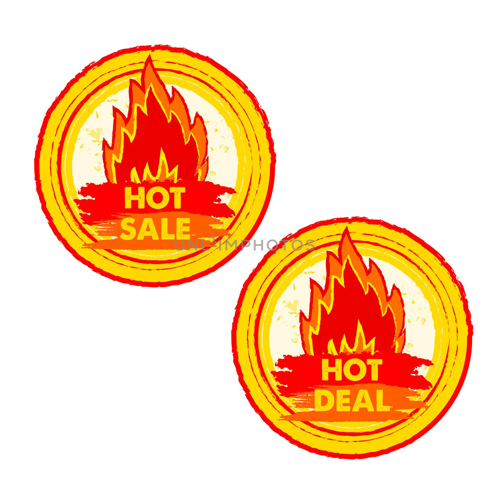 hot sale and deal on fire, yellow and red drawn round labels wit by marinini