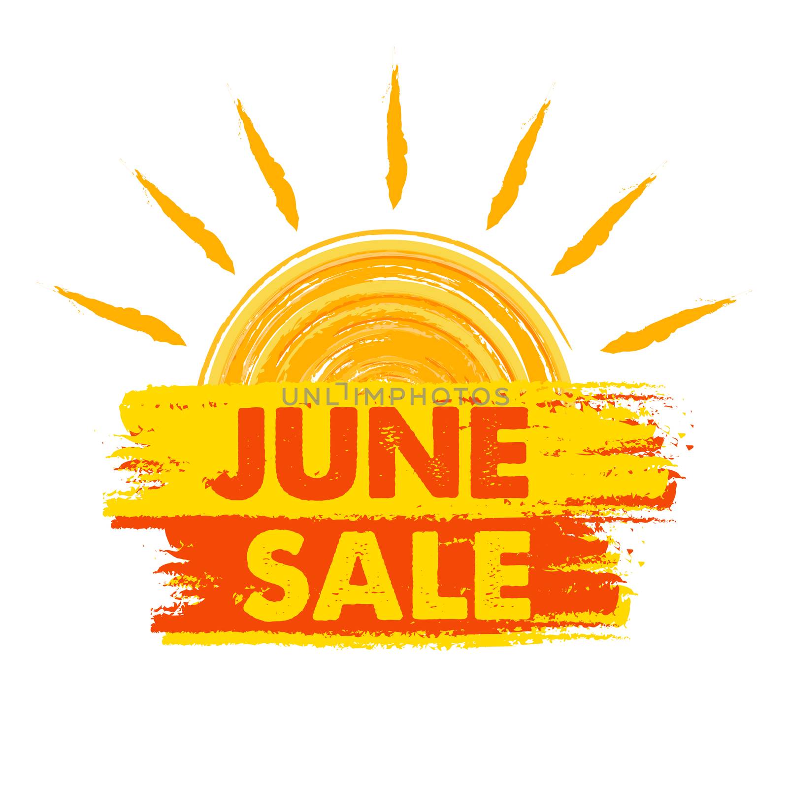 june sale summer banner - text in yellow and orange drawn label with sun symbol, business seasonal shopping concept
