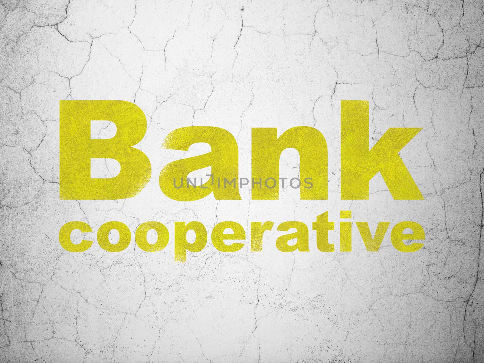 Currency concept: Yellow Bank Cooperative on textured concrete wall background