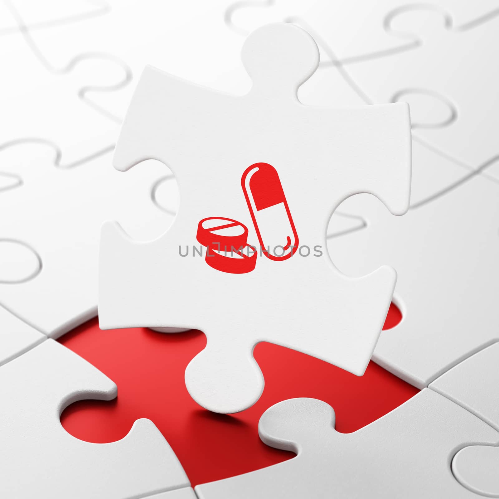 Health concept: Pills on White puzzle pieces background, 3D rendering