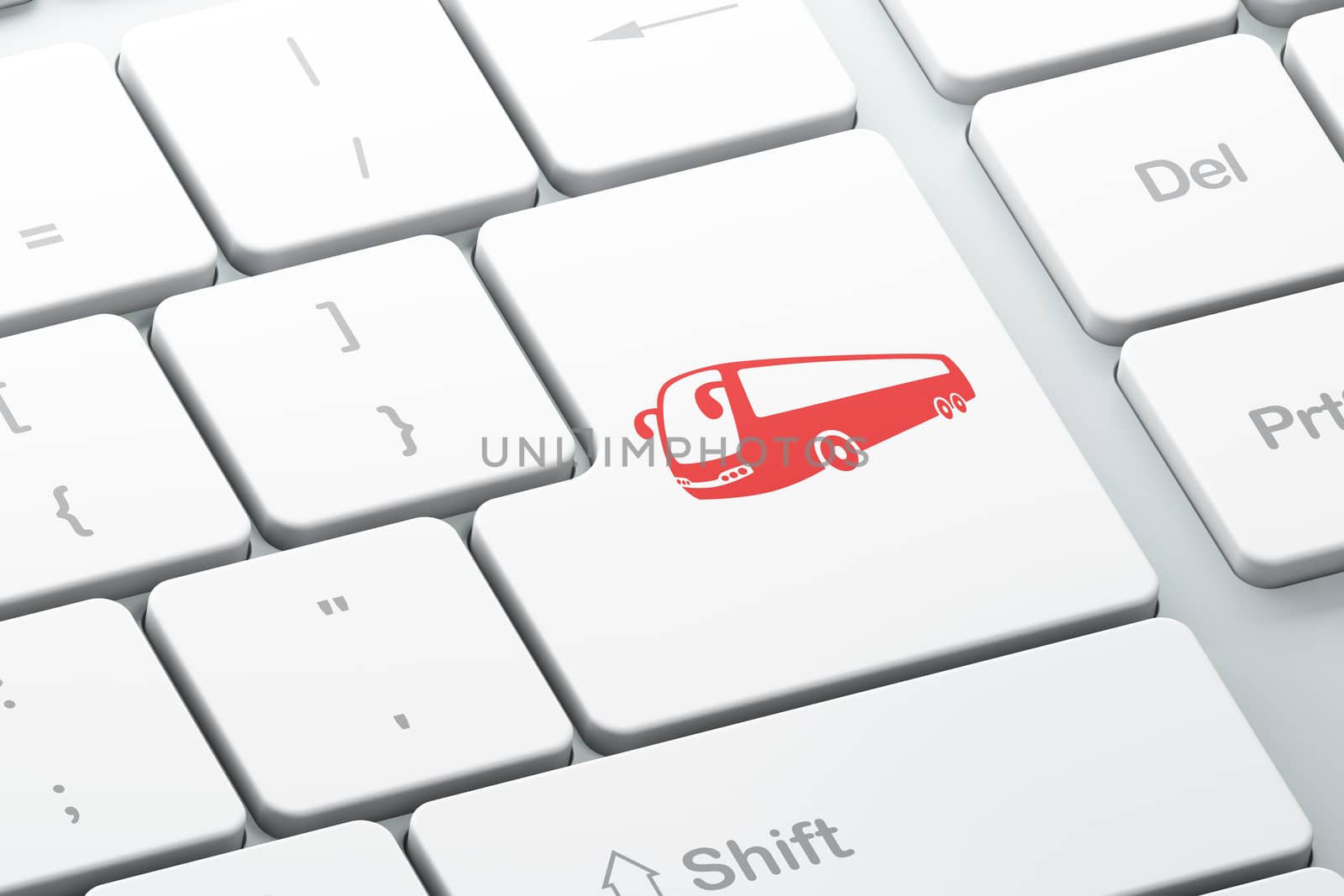 Tourism concept: Enter button with Bus on computer keyboard background, 3D rendering