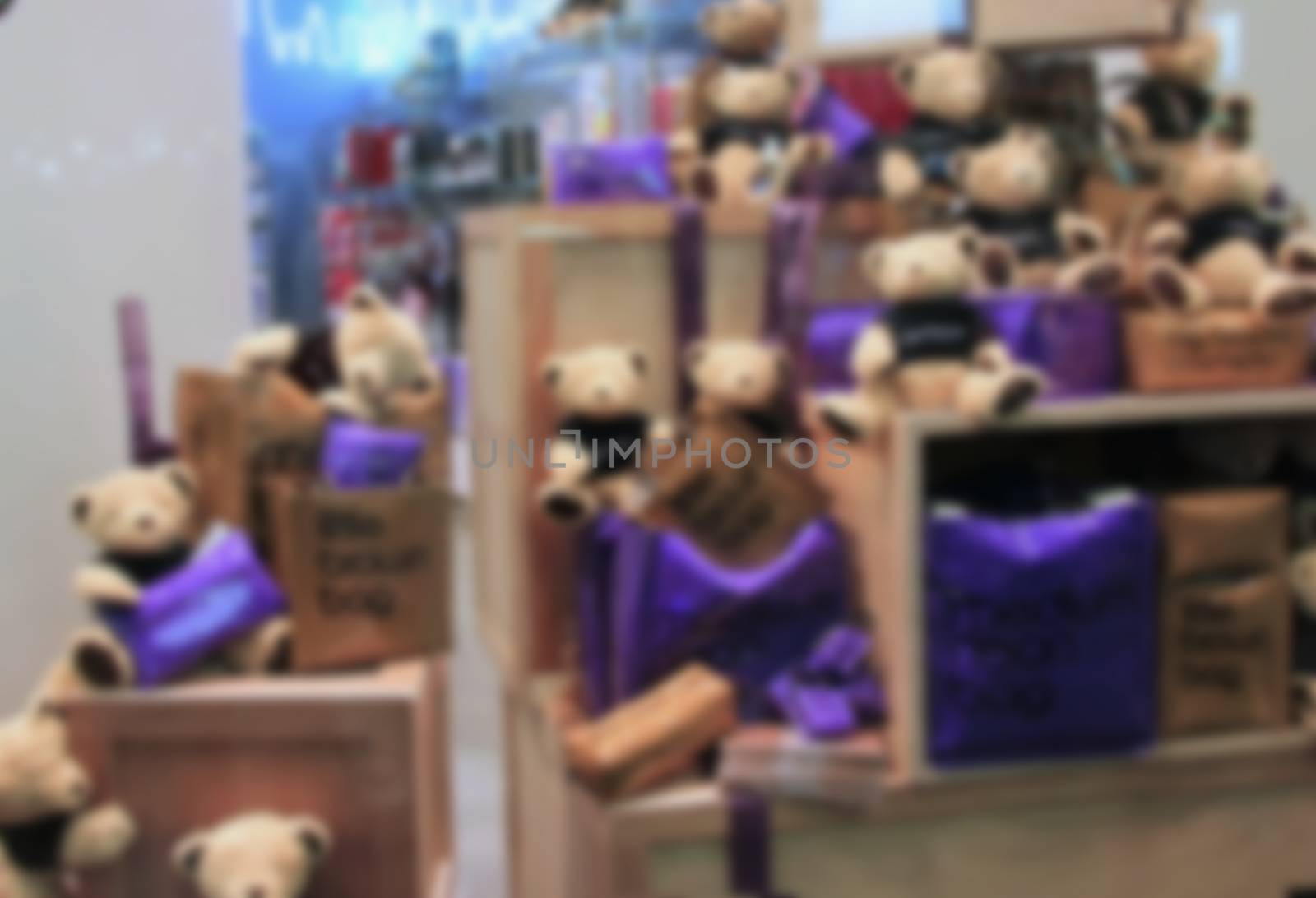 storefront with teddy bears  blurred