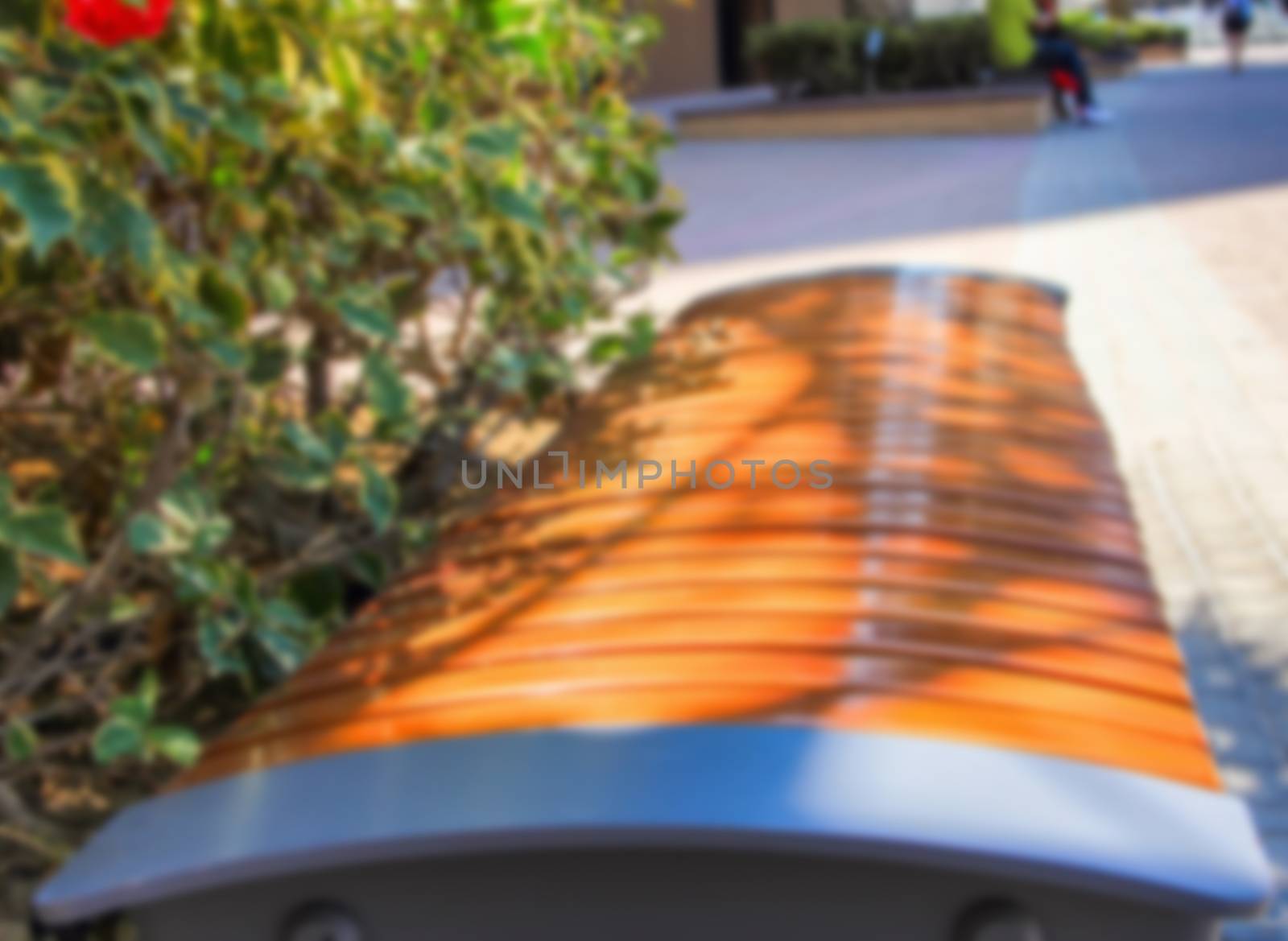 Beautiful decorative bench in the street, wooden, summer day, closeup outdoors soft focus blurred background