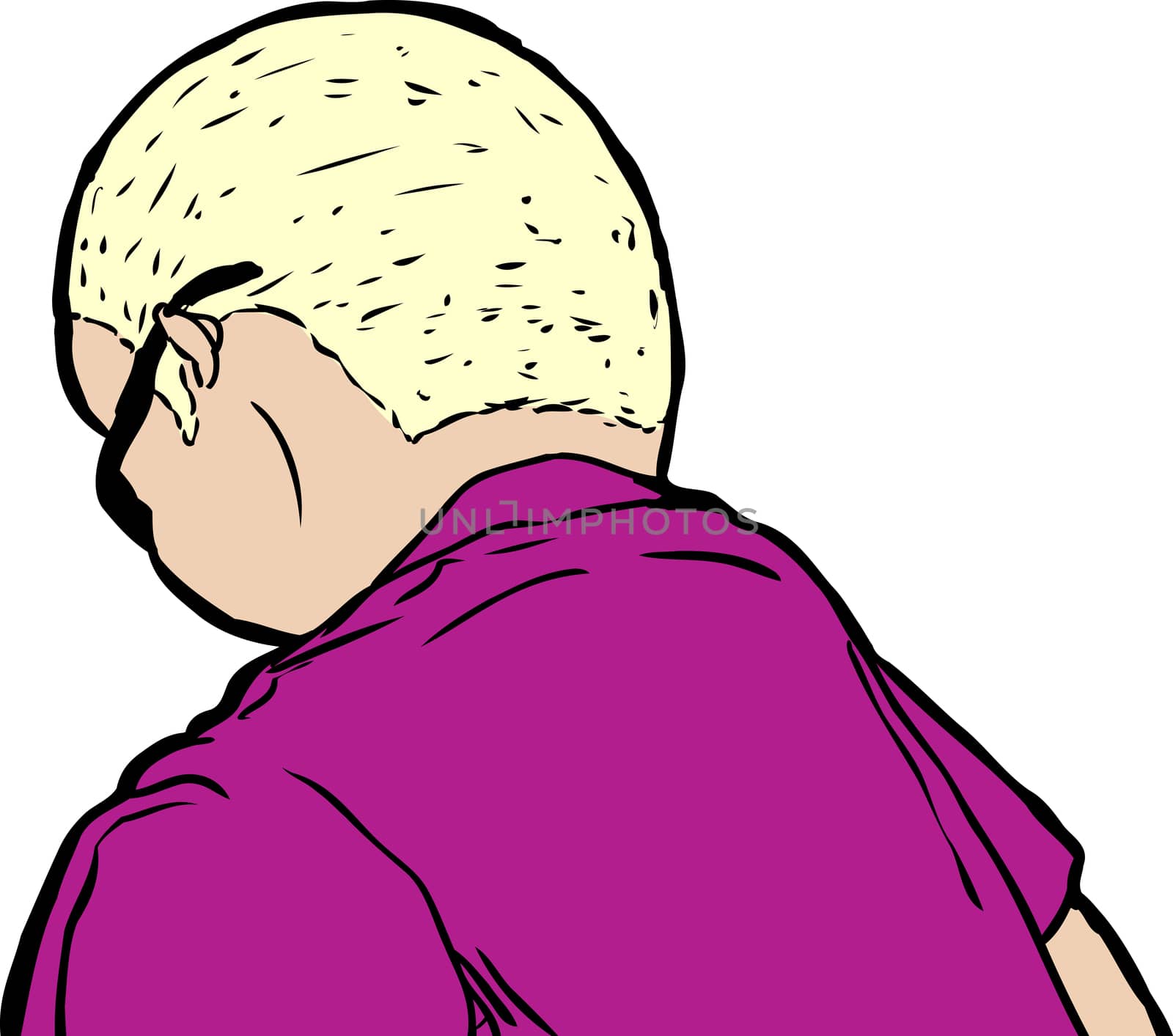 Single blond mature man and short hair in sunglasses from rear view looking downward