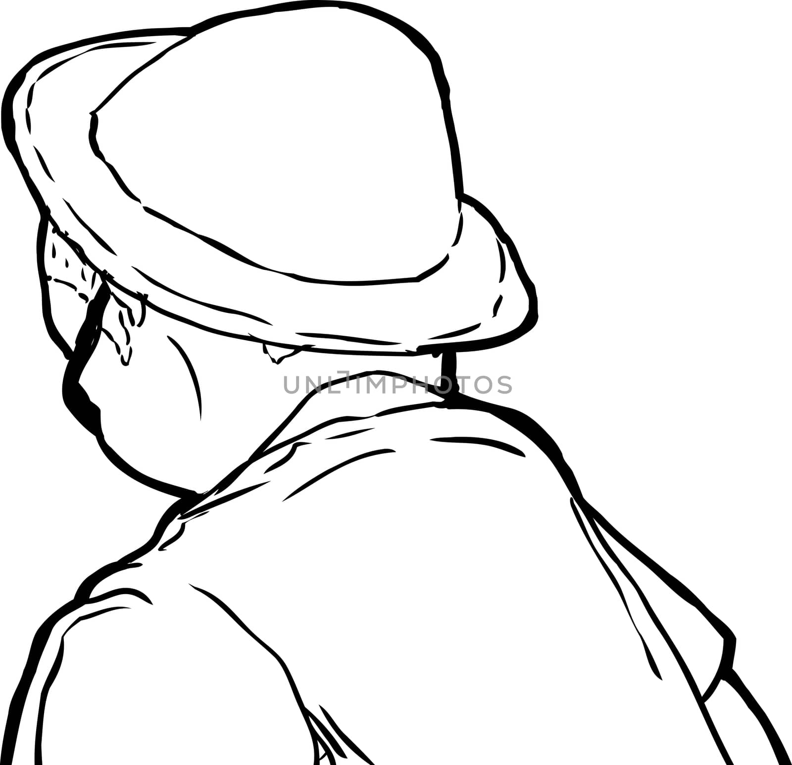 Outline sketch of mature man in hat and sunglasses from rear view looking downward