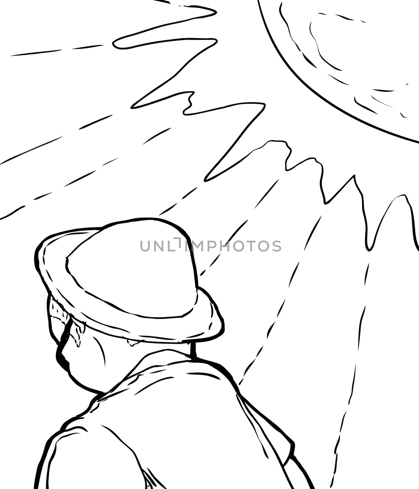 Single outlined man in hat under bright sun rays as cartoon