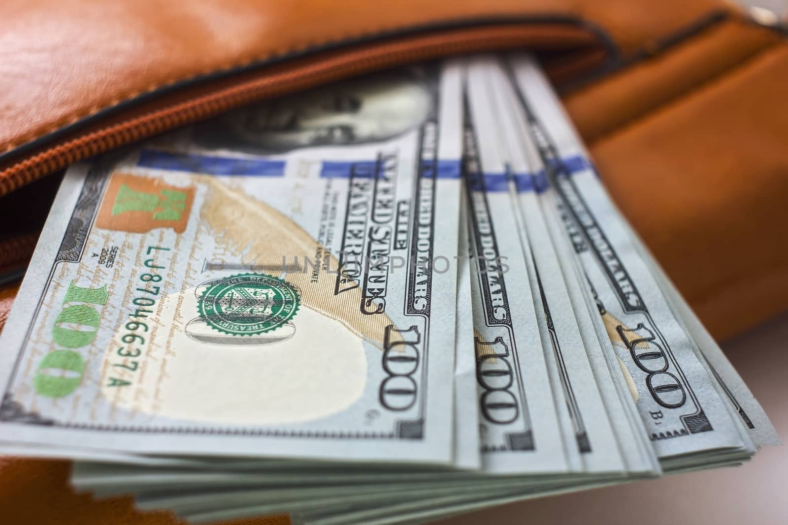 dollar notes in a wallet, hundred-dollar bills are in a bag,   by KoliadzynskaIryna
