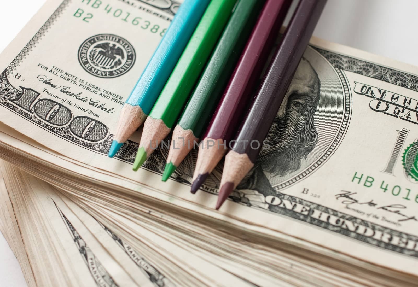 Production of counterfeit dollars, American hundred dollar stack, making counterfeit money is forbidden! Punishment - prison Creating fake dollar pencils